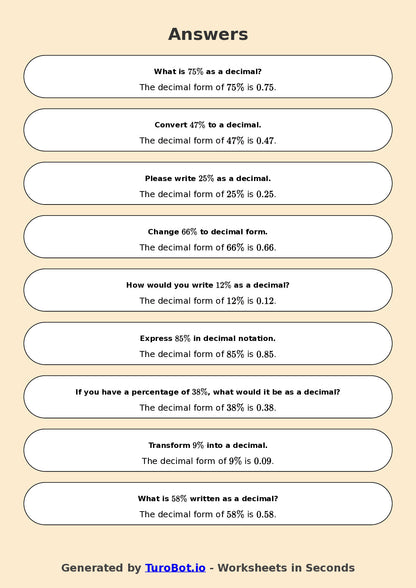 Year 6 Math Worksheet – Convert Percentages to Decimals 2