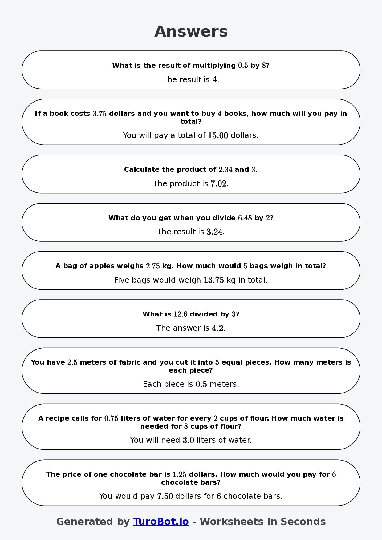 Year 6 Math Worksheet – Decimal Operations - Multiply and Divide 2