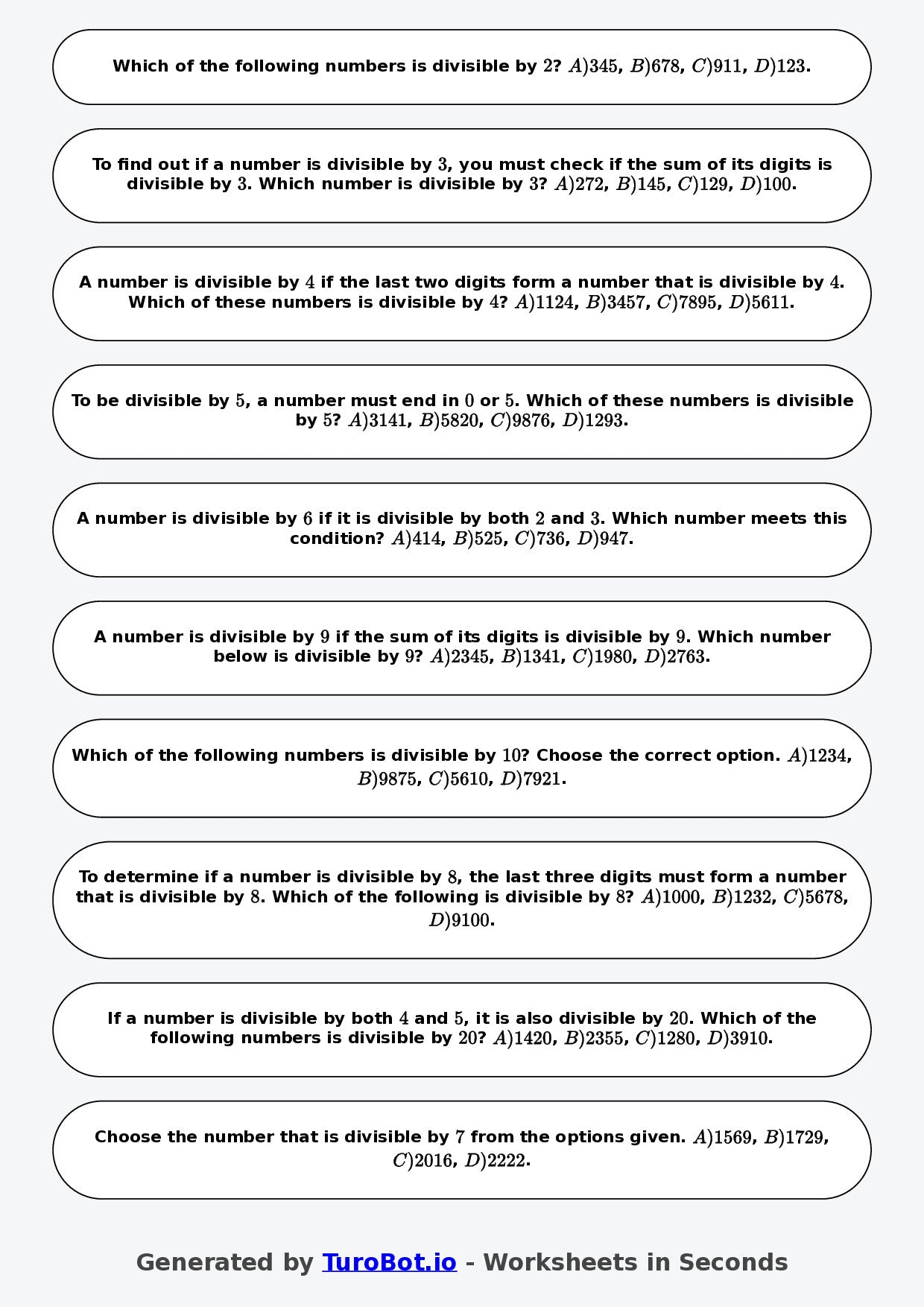 Year 6 Math Worksheet – Divisibility Tests