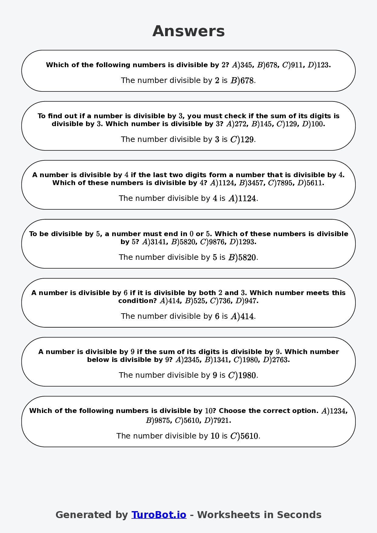 Year 6 Math Worksheet – Divisibility Tests
