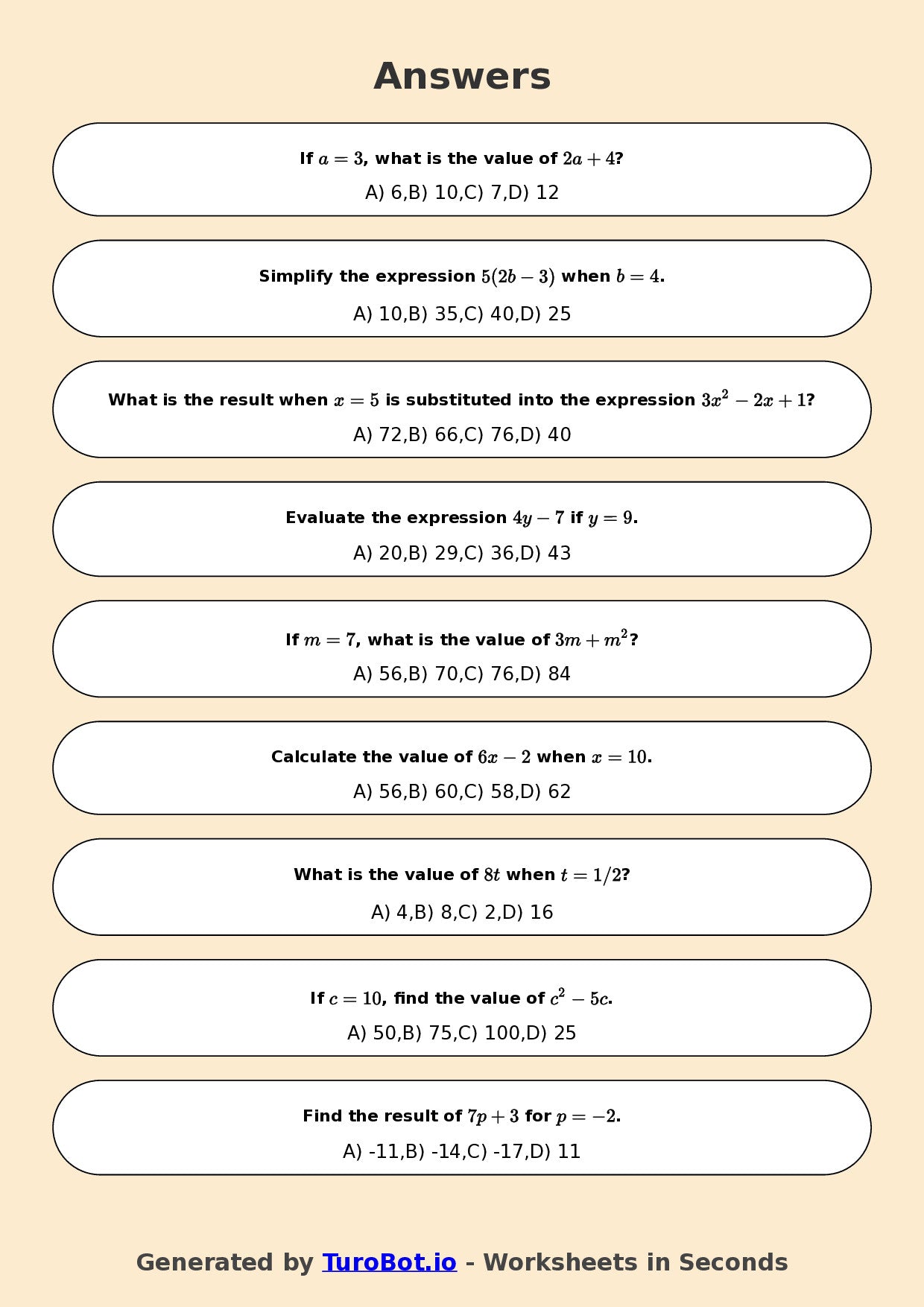 Year 6 Math Worksheet – Evaluating Algebraic Expressions 2