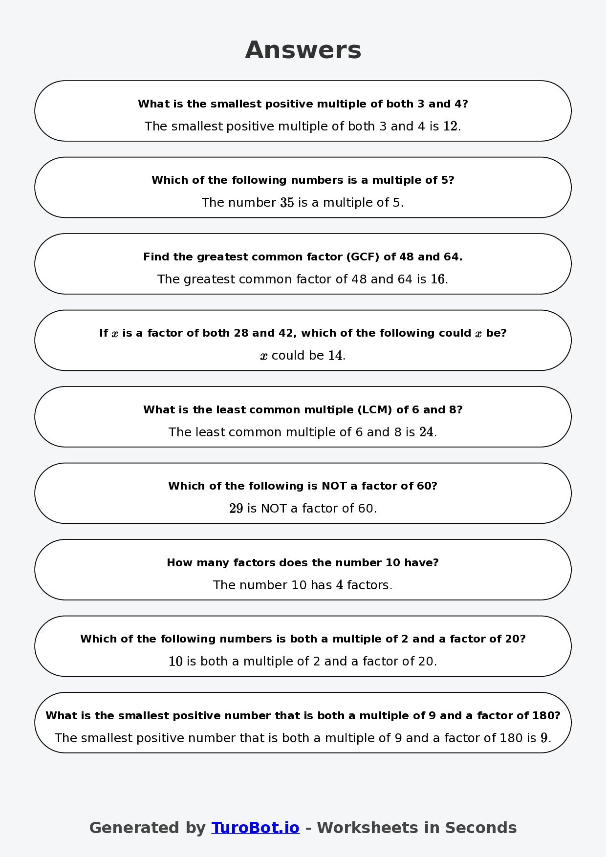Year 6 Math Worksheet – Factors and Multiples