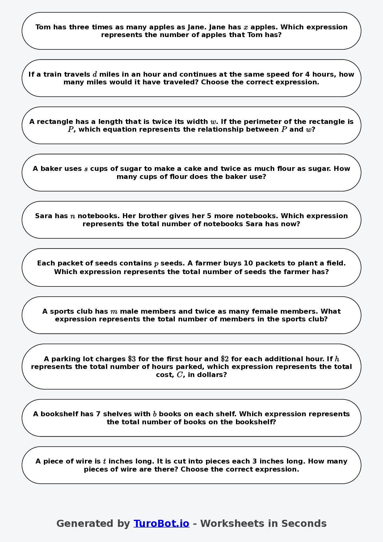 Year 6 Math Worksheet – Forming Expressions from Words