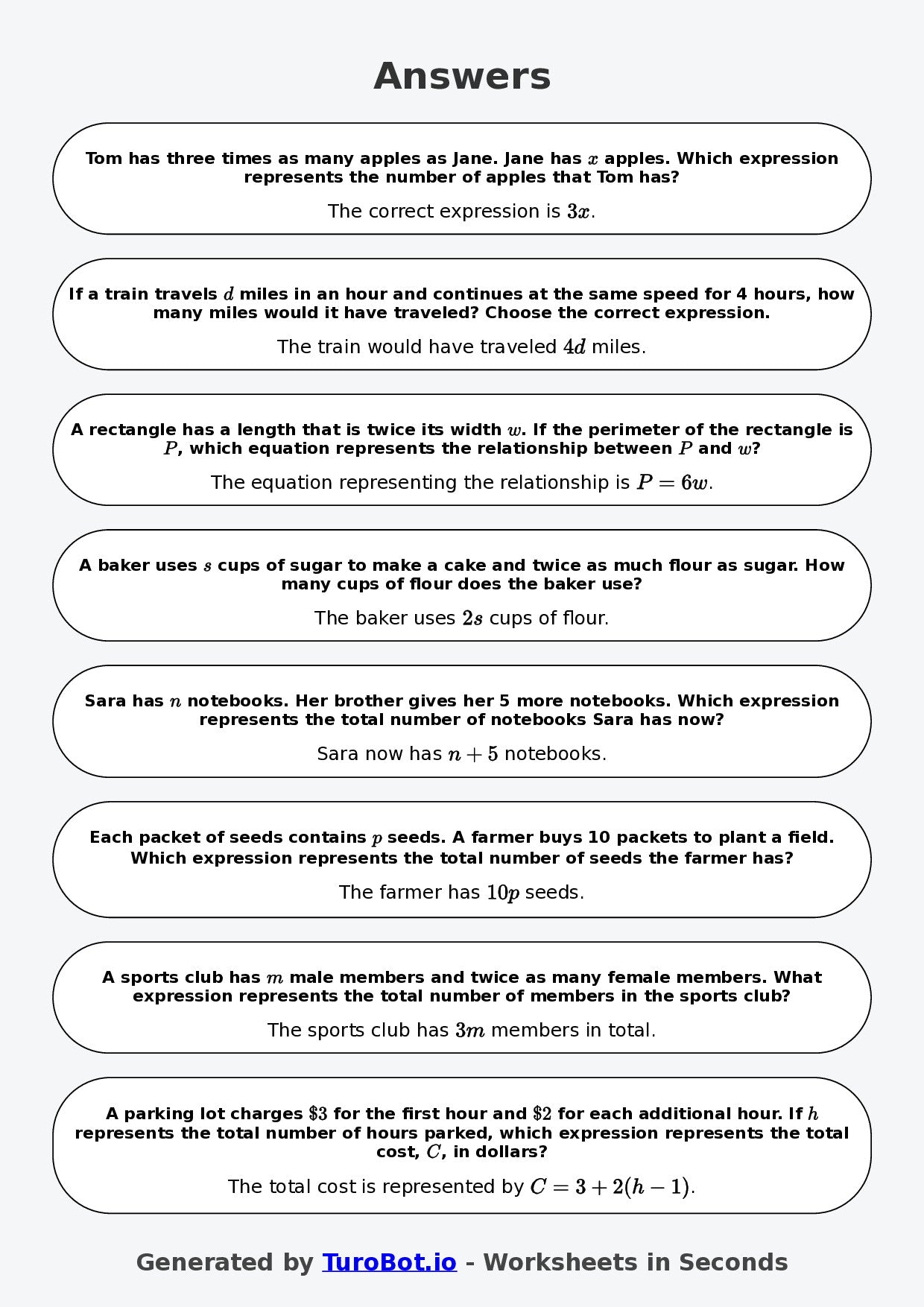 Year 6 Math Worksheet – Forming Expressions from Words
