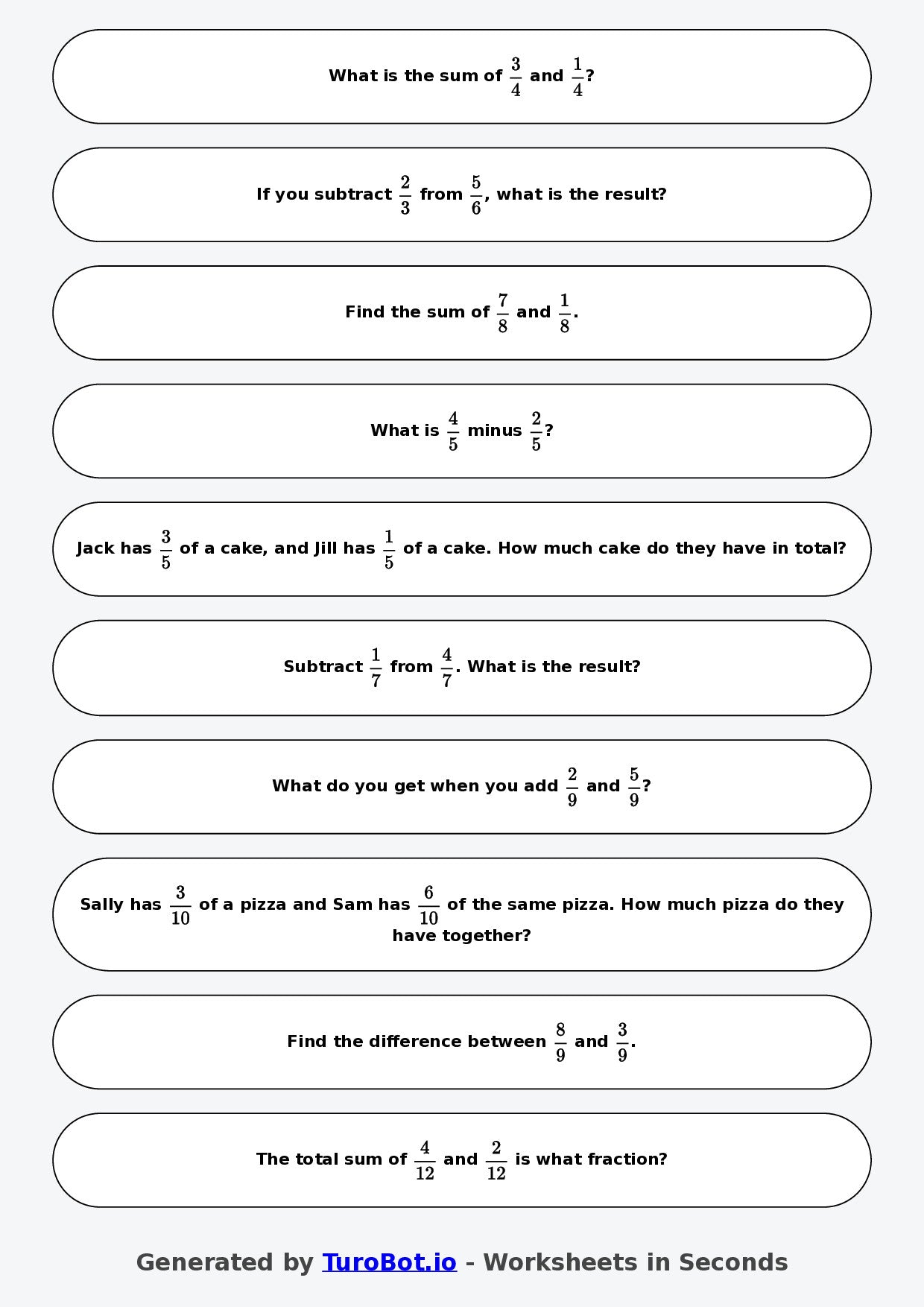 Year 6 Math Worksheet – Fraction Operations - Add and Subtract