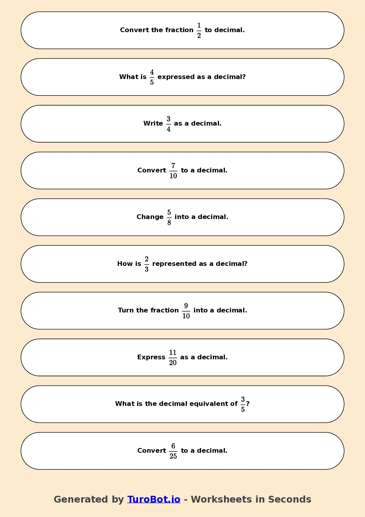 Year 6 Math Worksheet – Fractions to Decimals Basics