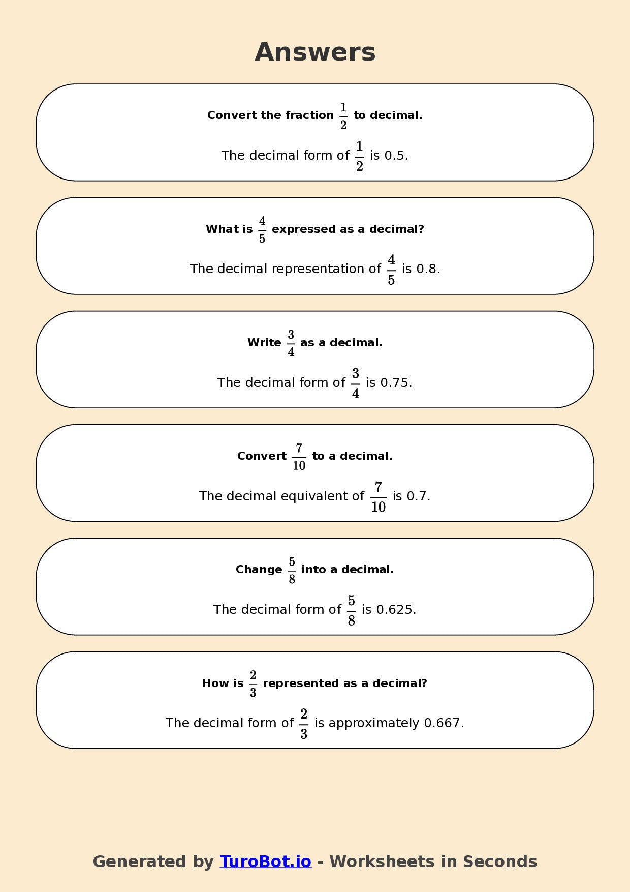 Year 6 Math Worksheet – Fractions to Decimals Basics