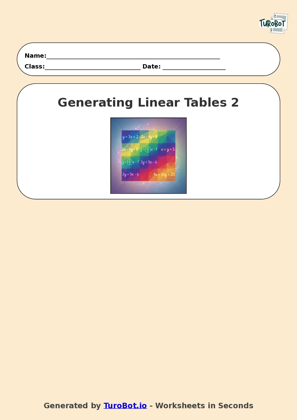 Year 9 Math Worksheet – Generating Linear Tables 2