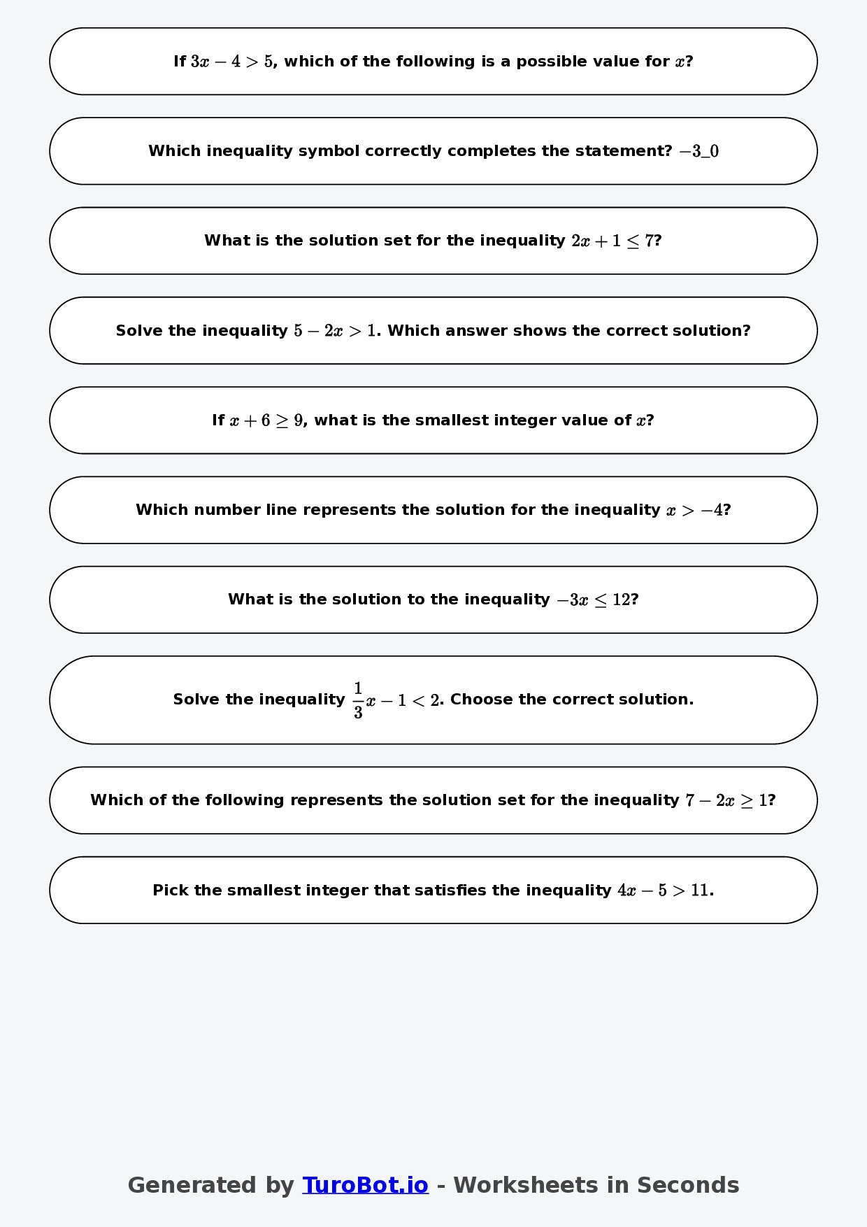 Year 8 Math Multiple Choice Worksheet – Inequalities Basics