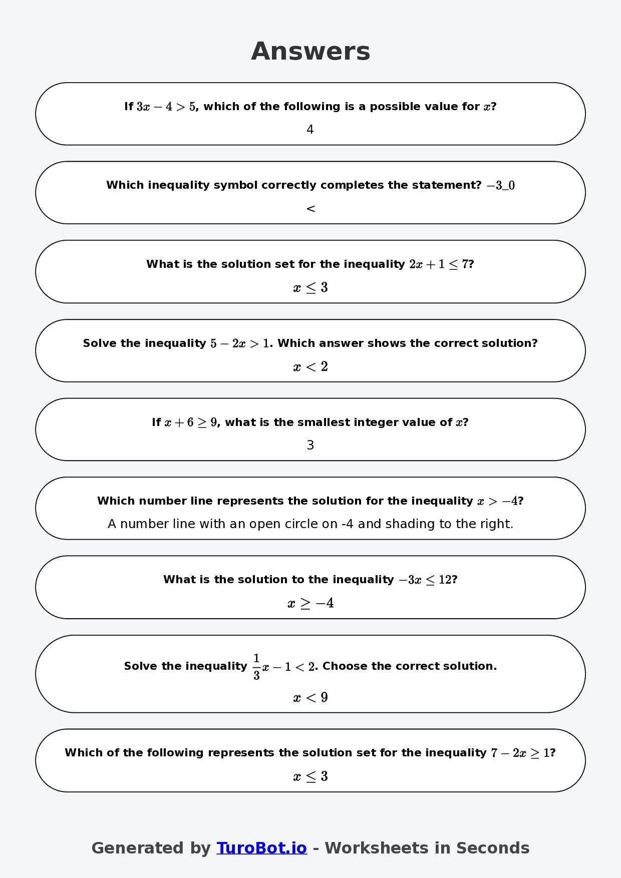 Year 8 Math Multiple Choice Worksheet – Inequalities Basics