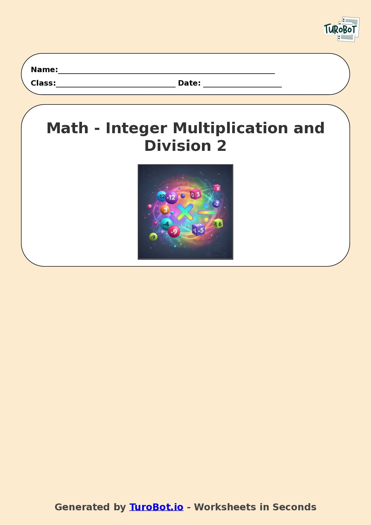 Year 6 Math Worksheet – Integer Multiplication and Division 2