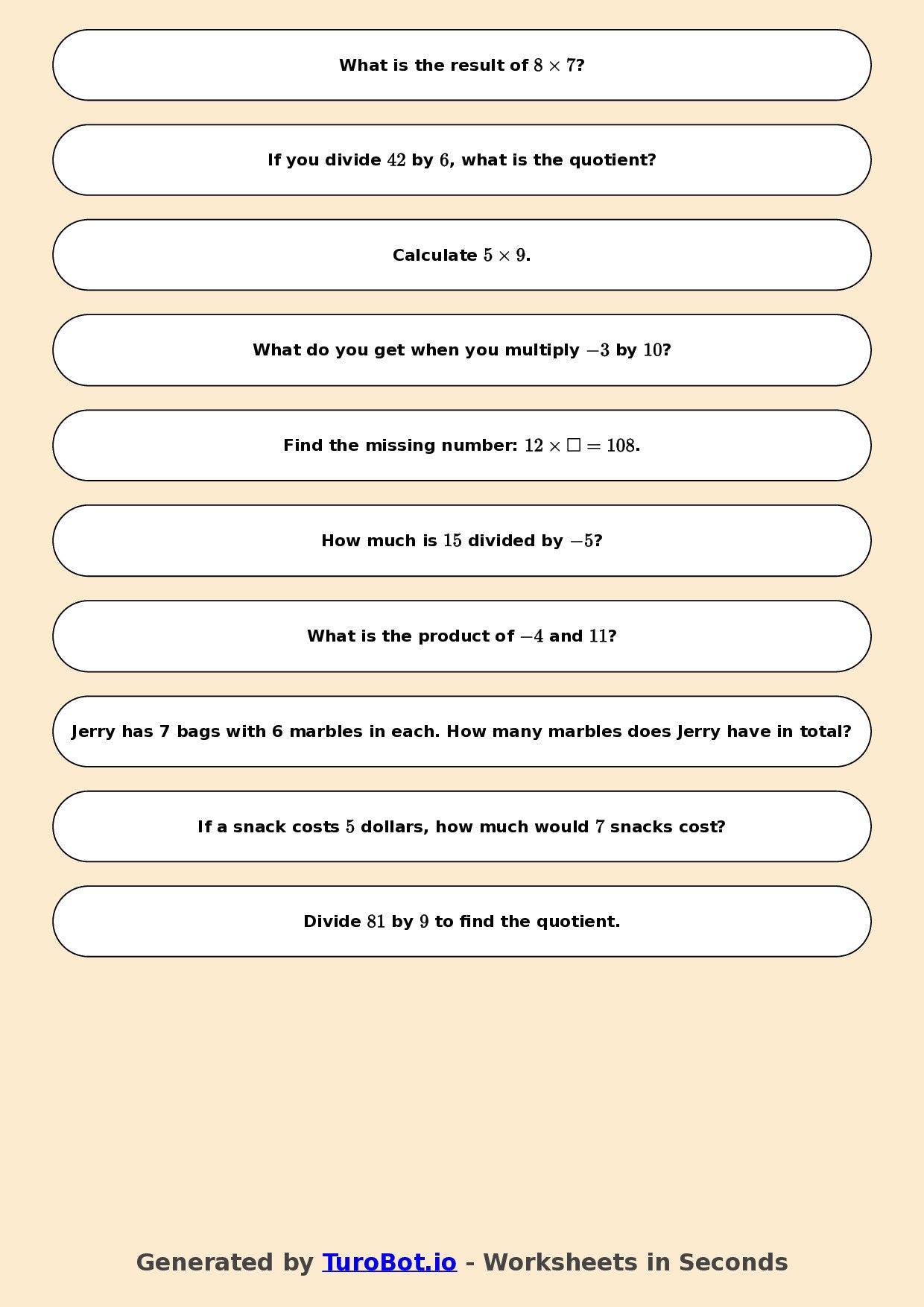 Year 6 Math Worksheet – Integer Multiplication and Division 2