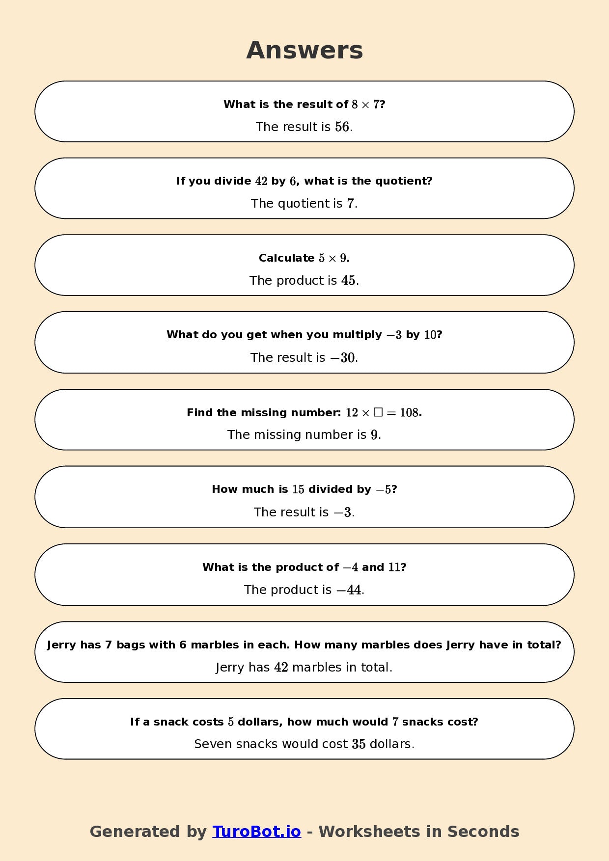 Year 6 Math Worksheet – Integer Multiplication and Division 2