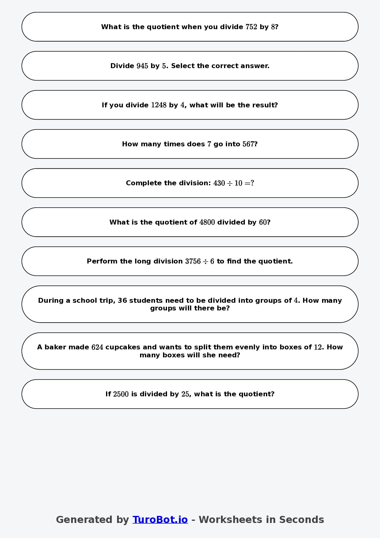 Year 6 Math Worksheet – Long Division