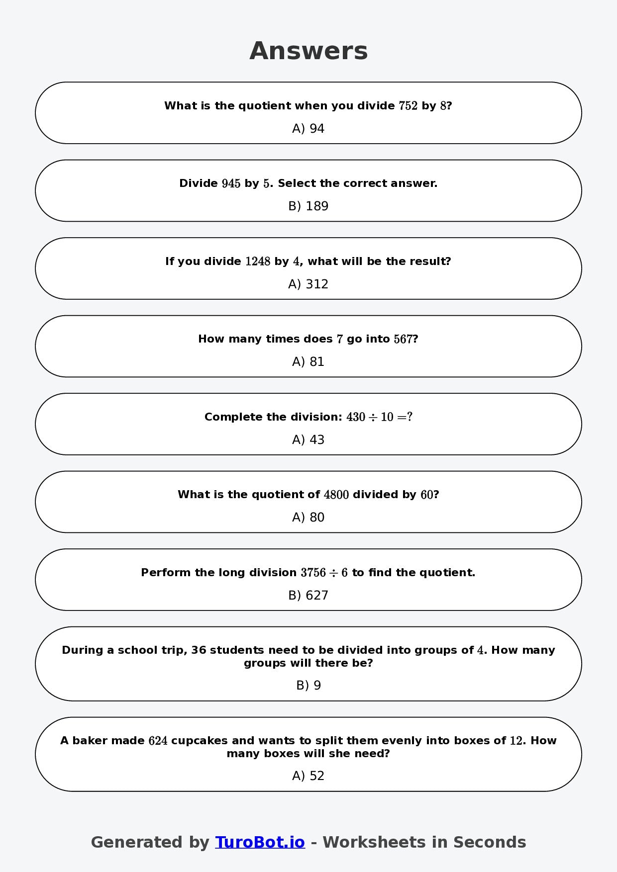 Year 6 Math Worksheet – Long Division