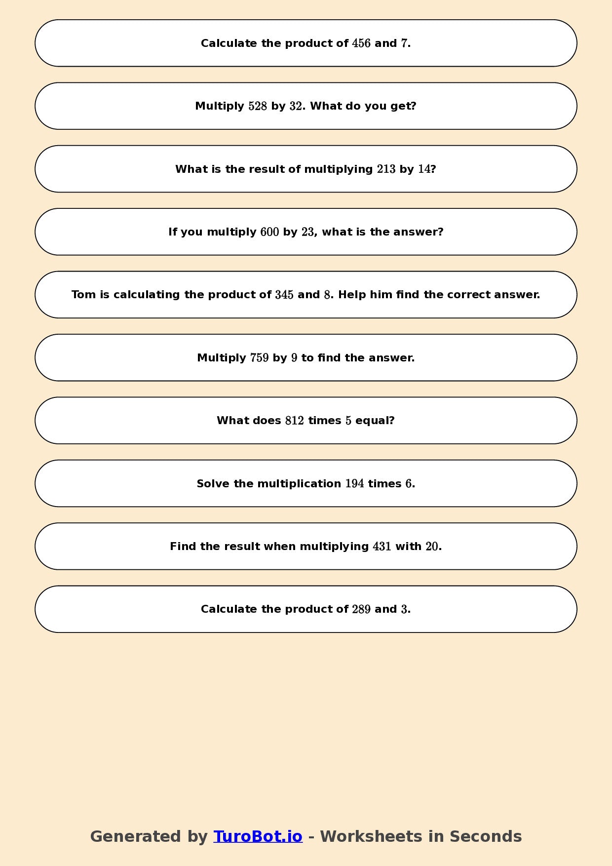 Year 6 Math Worksheet – Long Multiplication 2