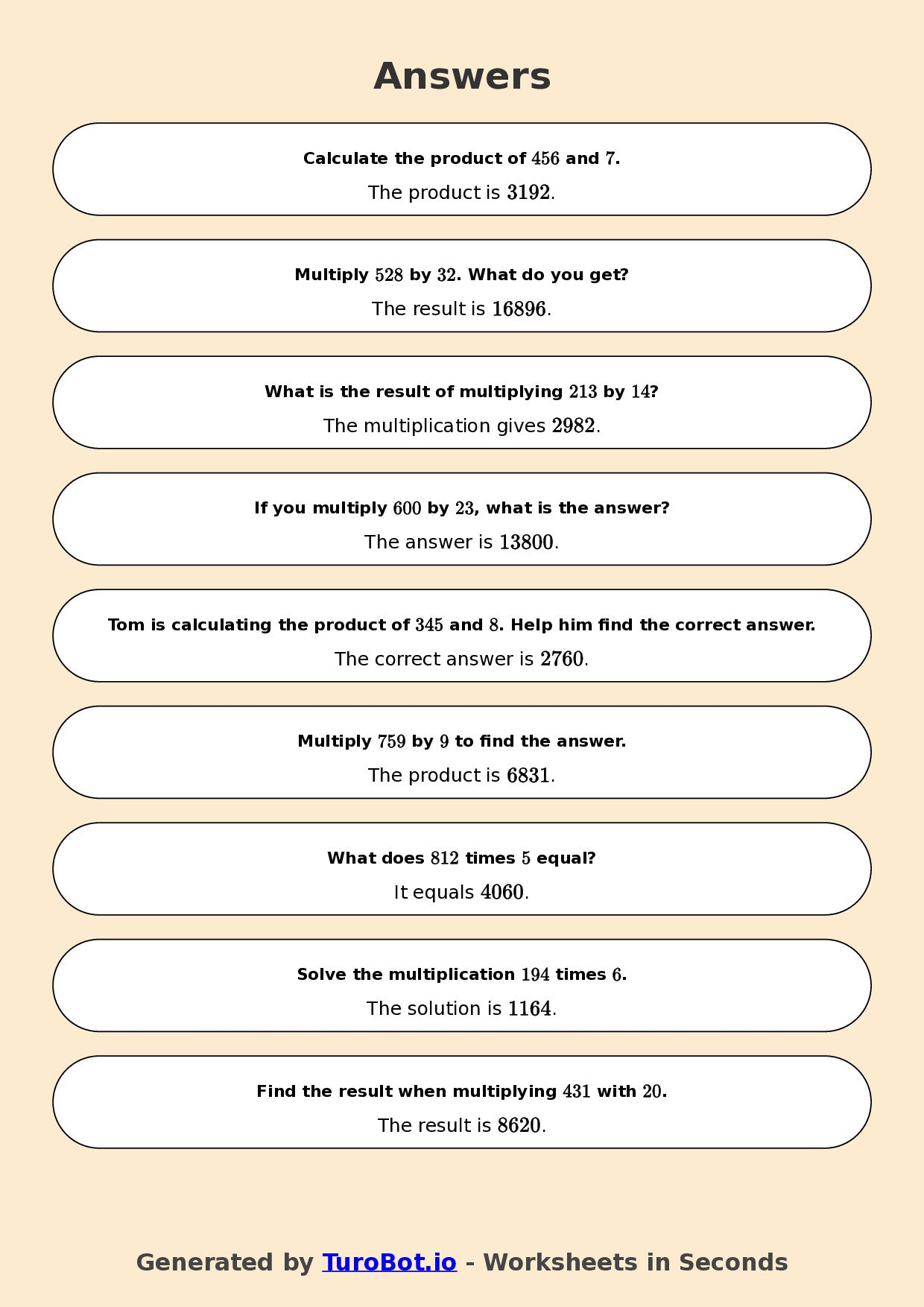 Year 6 Math Worksheet – Long Multiplication 2