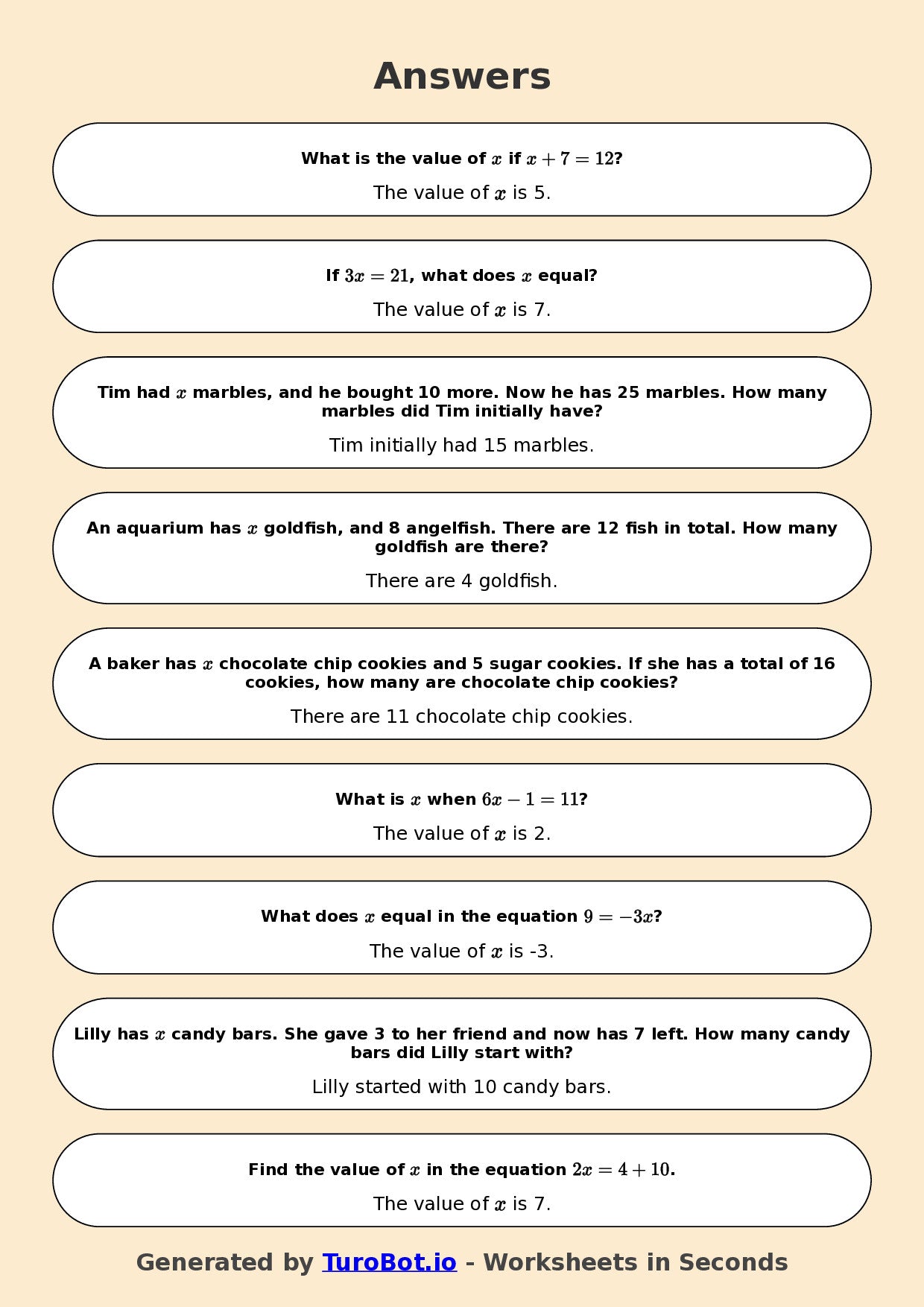 Year 6 Math Worksheet – One-Step Equations 2