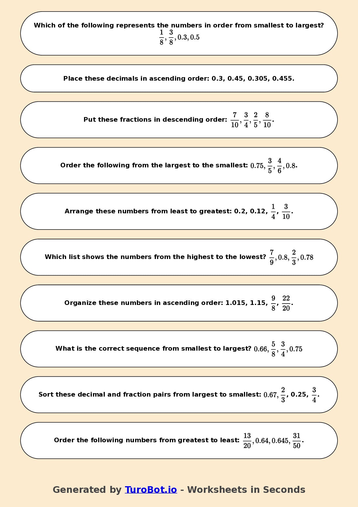 Year 6 Math Worksheet – Ordering Fractions and Decimals