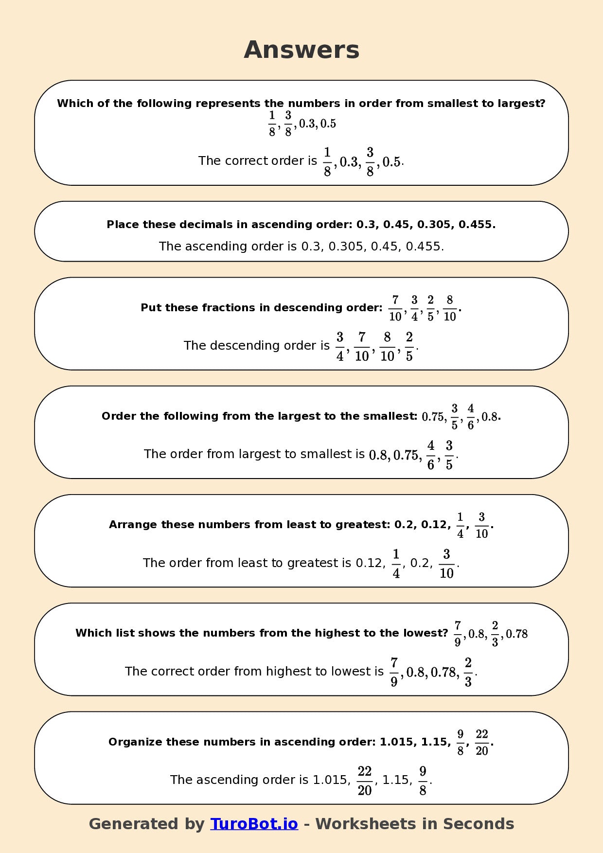 Year 6 Math Worksheet – Ordering Fractions and Decimals