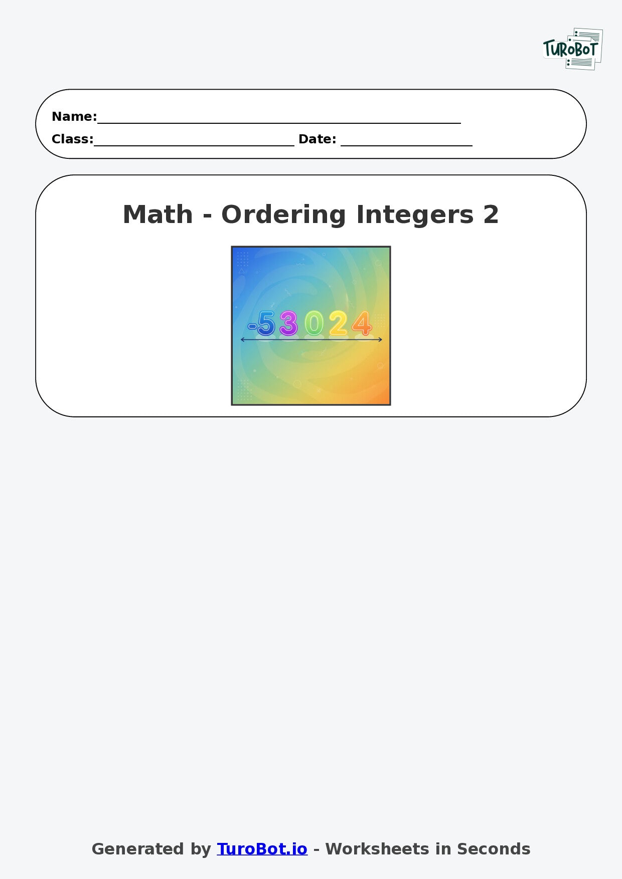 Year 6 Math Multiple Choice Worksheet – Ordering Integers 2