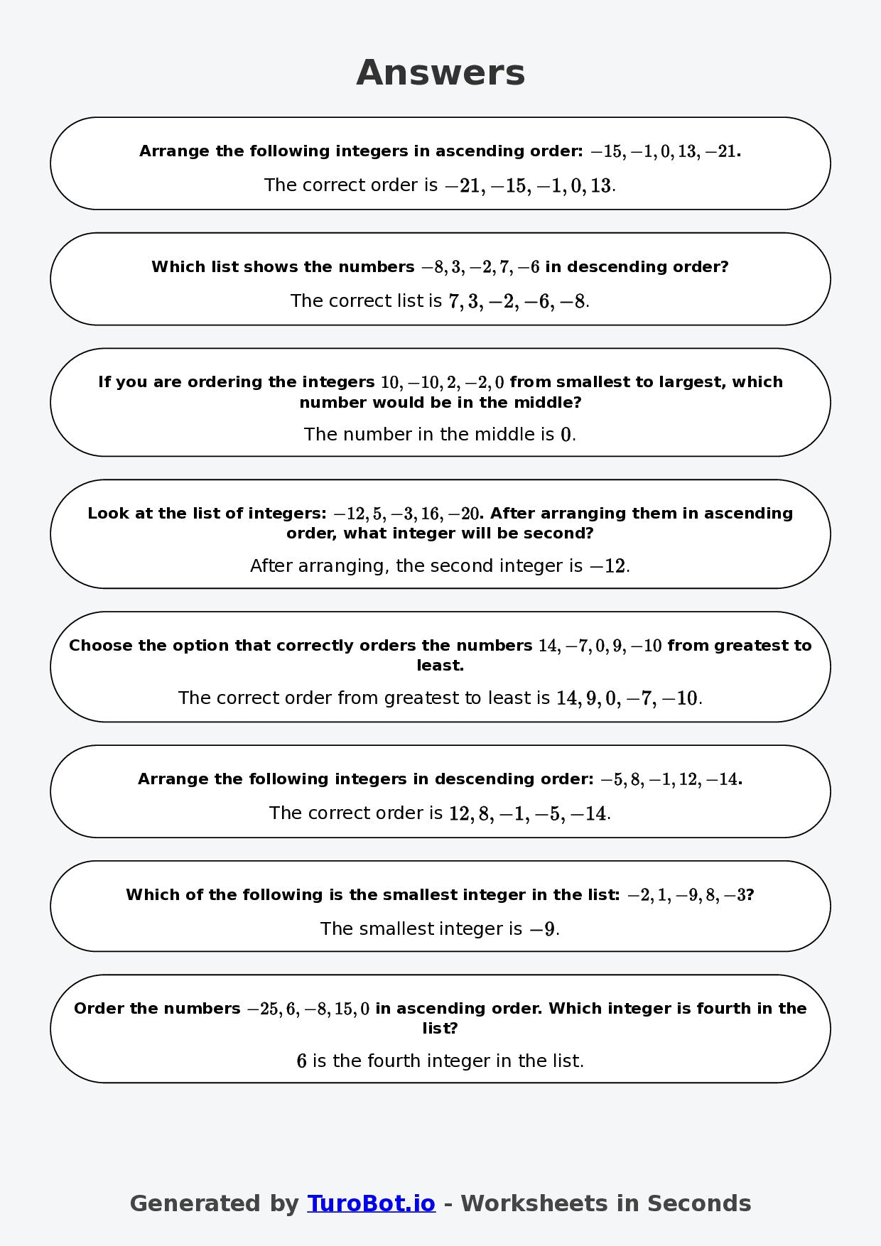 Year 6 Math Multiple Choice Worksheet – Ordering Integers 2
