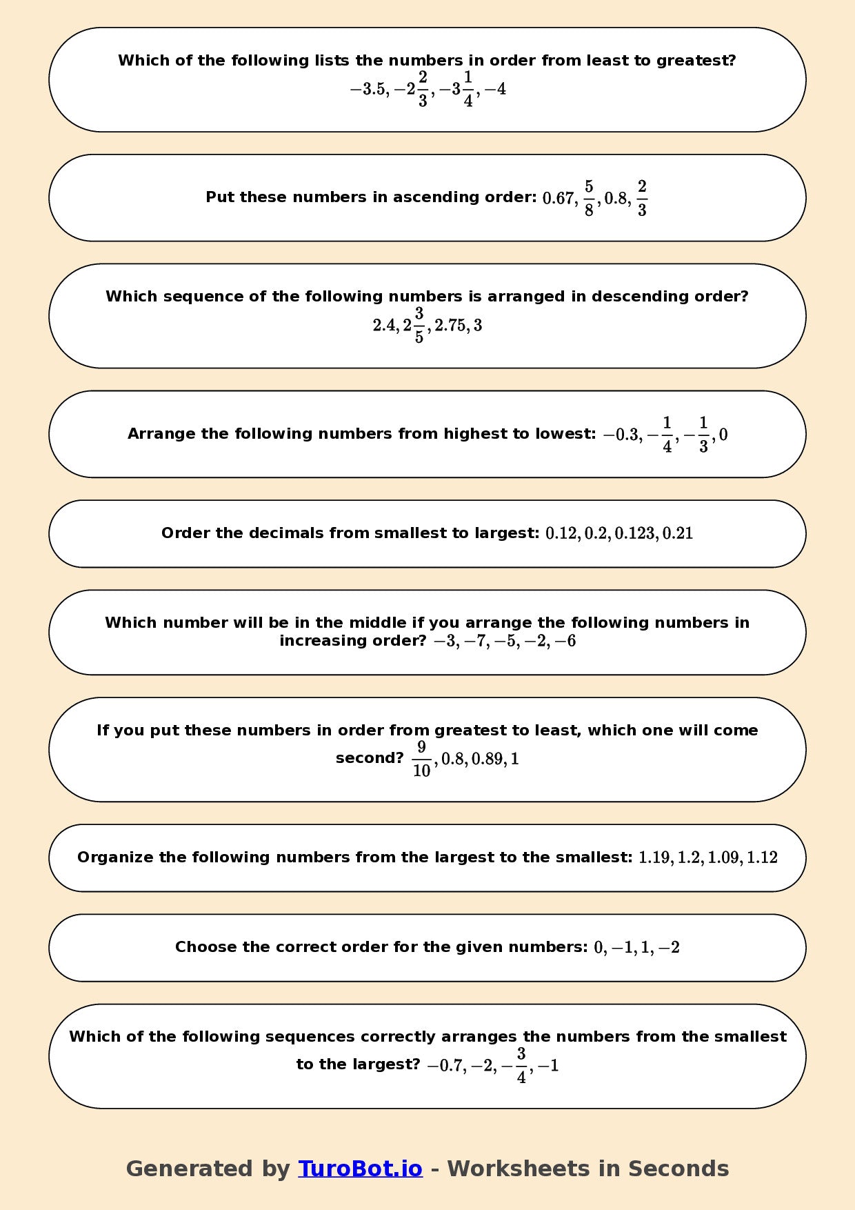 Year 6 Math Multiple Choice Worksheet – Ordering Integers and Decimals