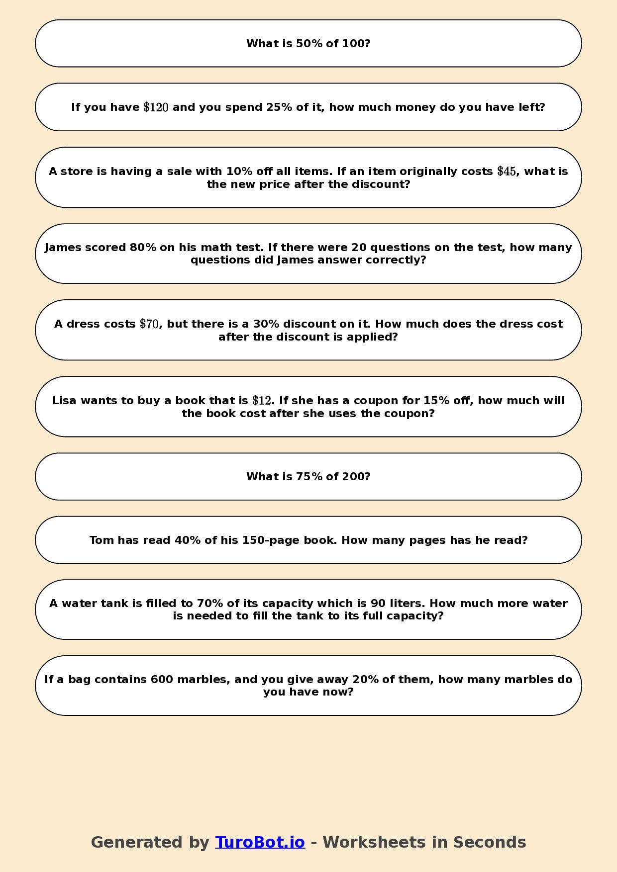 Year 6 Math Worksheet – Percentages of Amounts