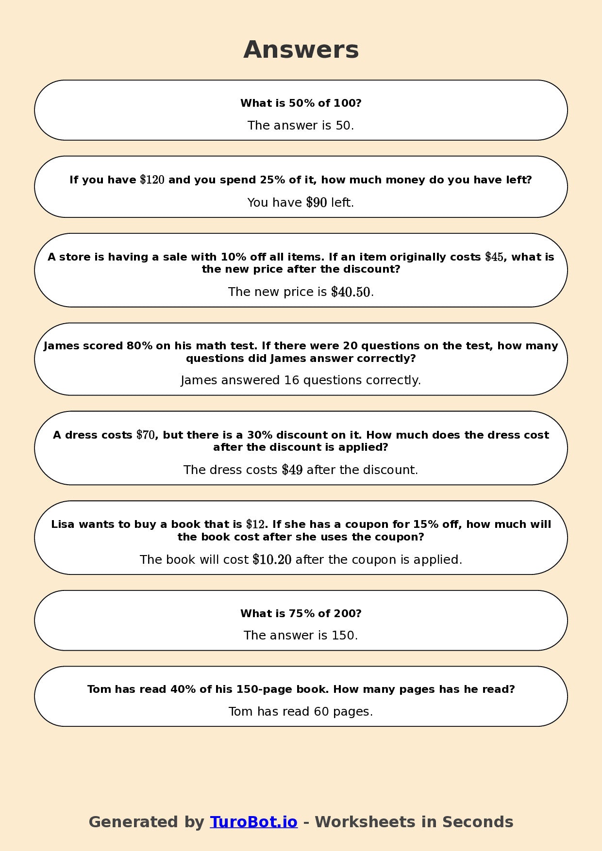 Year 6 Math Worksheet – Percentages of Amounts