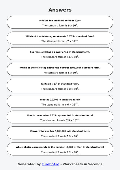 Year 6 Math Worksheet – Powers of 10 and Standard Form 2