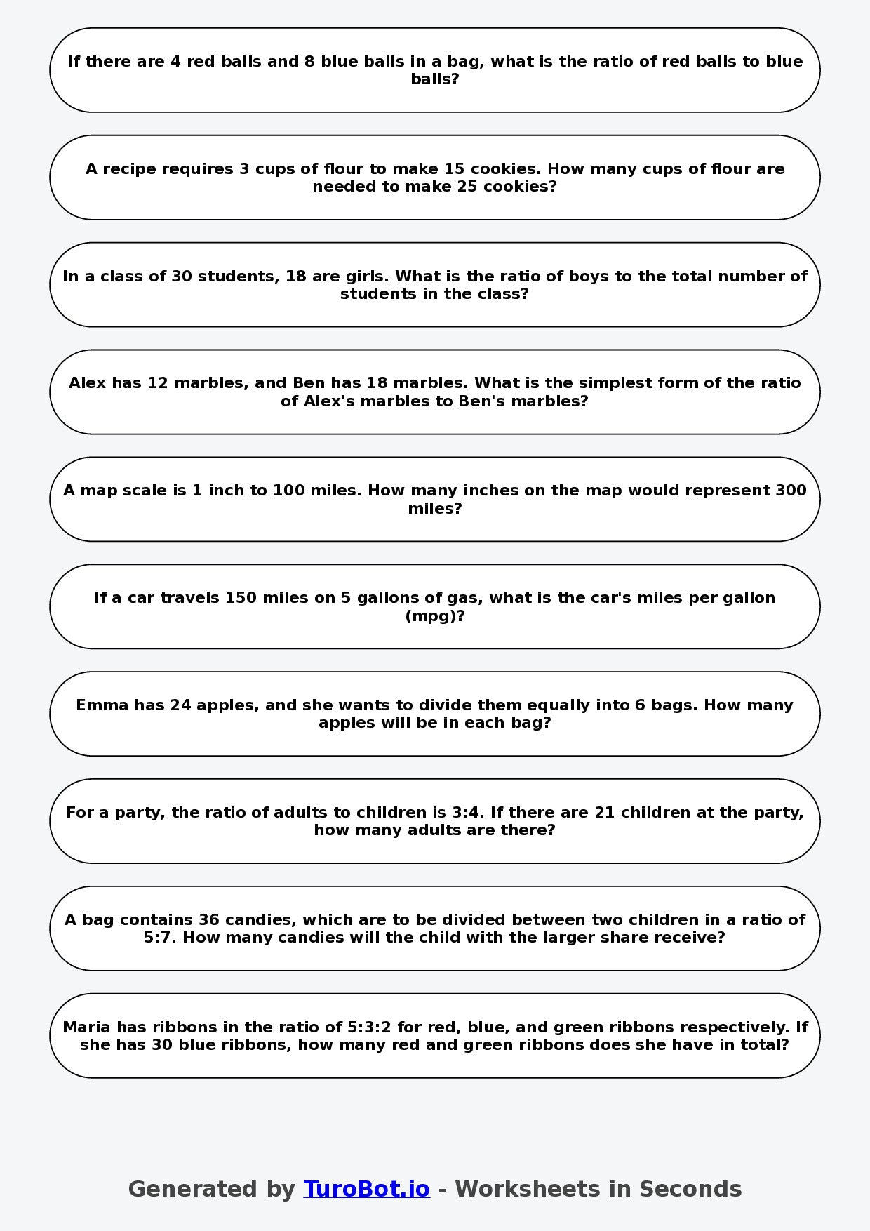 Year 6 Math Worksheet – Ratio Word Problems