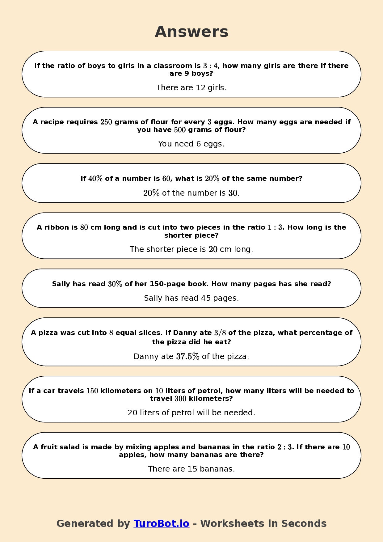 Year 6 Math Worksheet – Ratios and Percentages Links