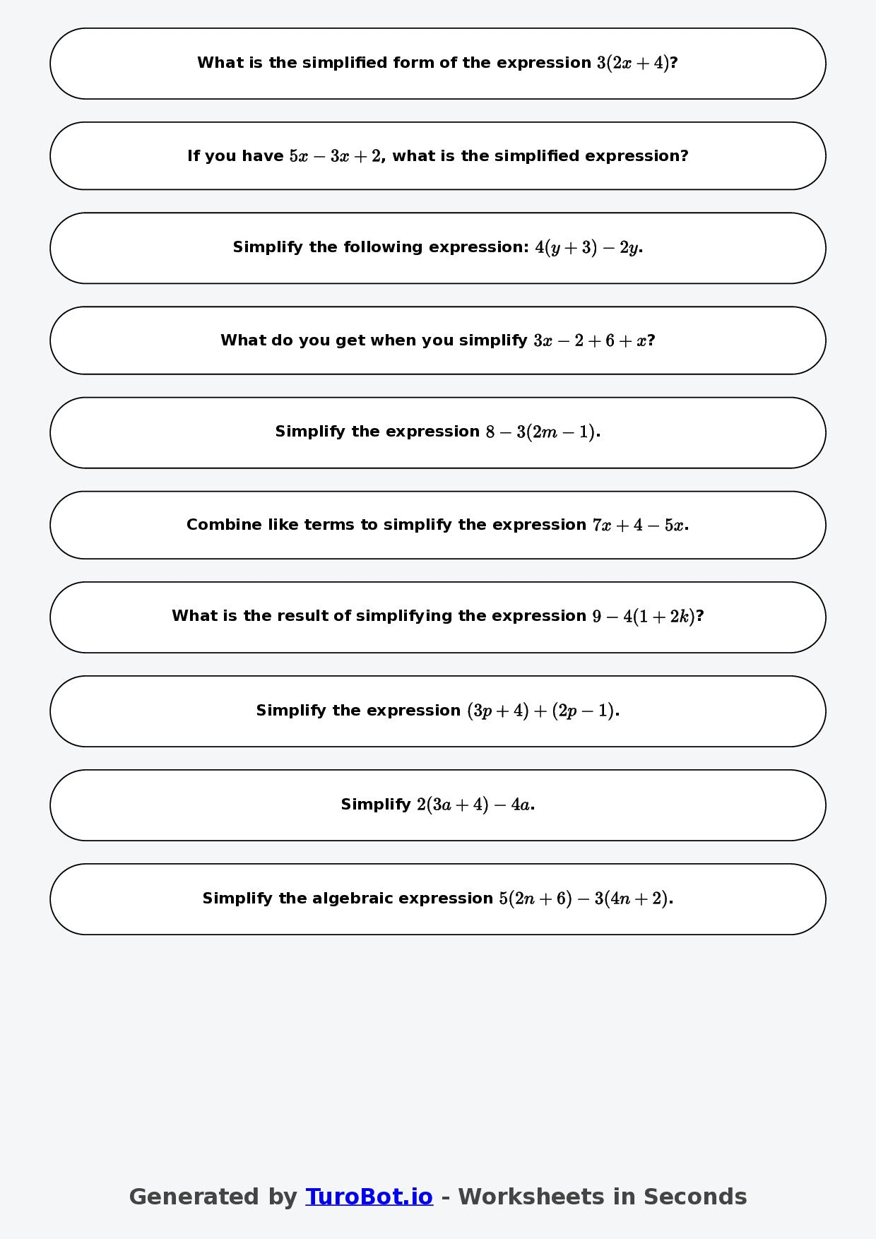 Year 8 Math Worksheet – Simplifying Expressions