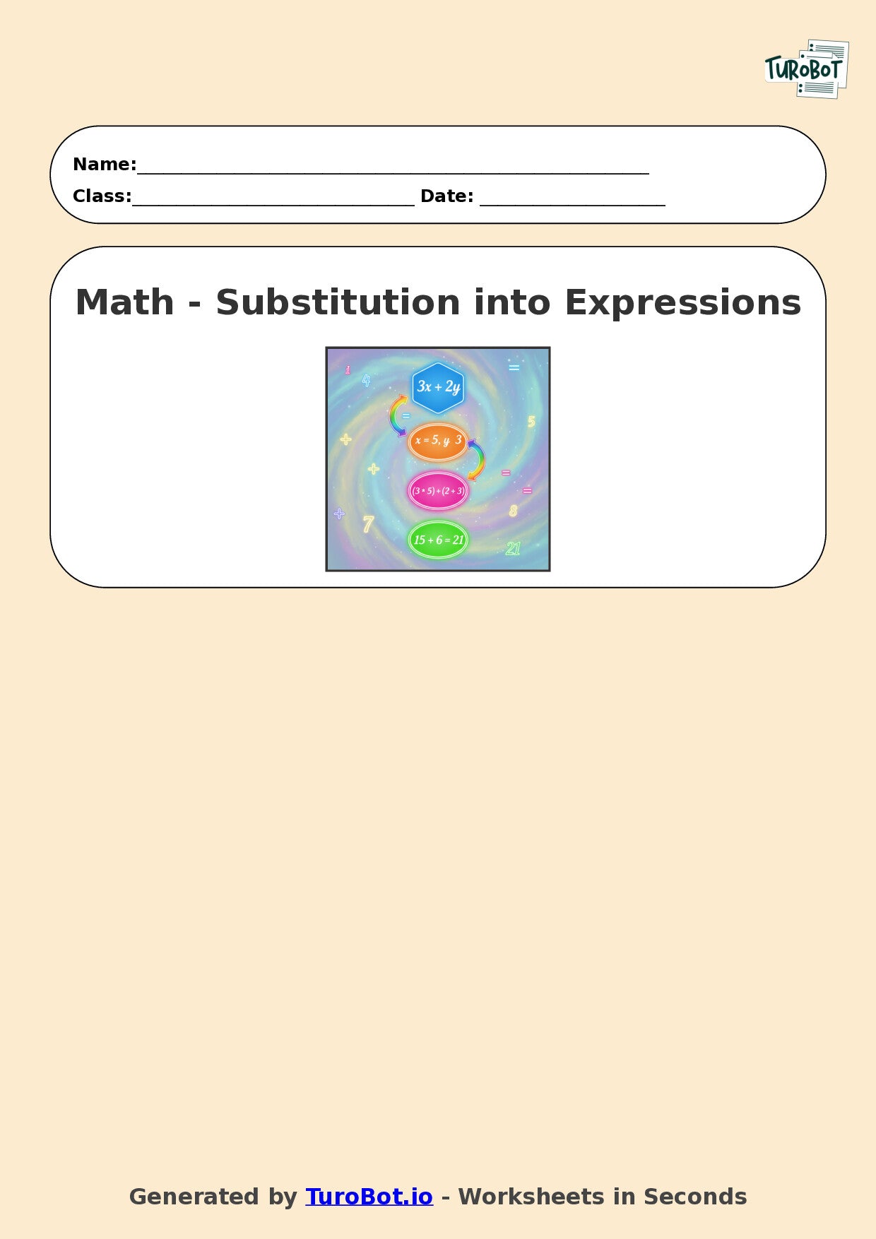 Year 6 Math Worksheet – Substitution into Expressions 2