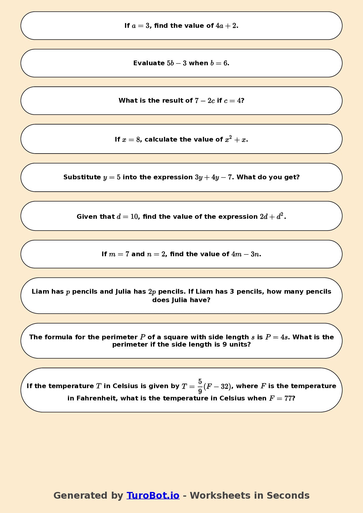 Year 6 Math Worksheet – Substitution into Expressions 2