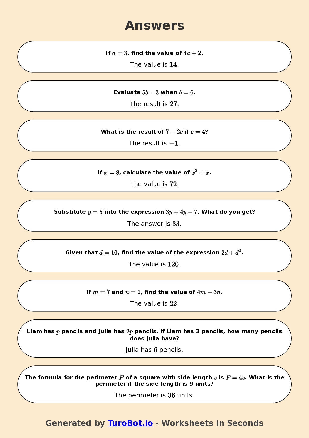 Year 6 Math Worksheet – Substitution into Expressions 2