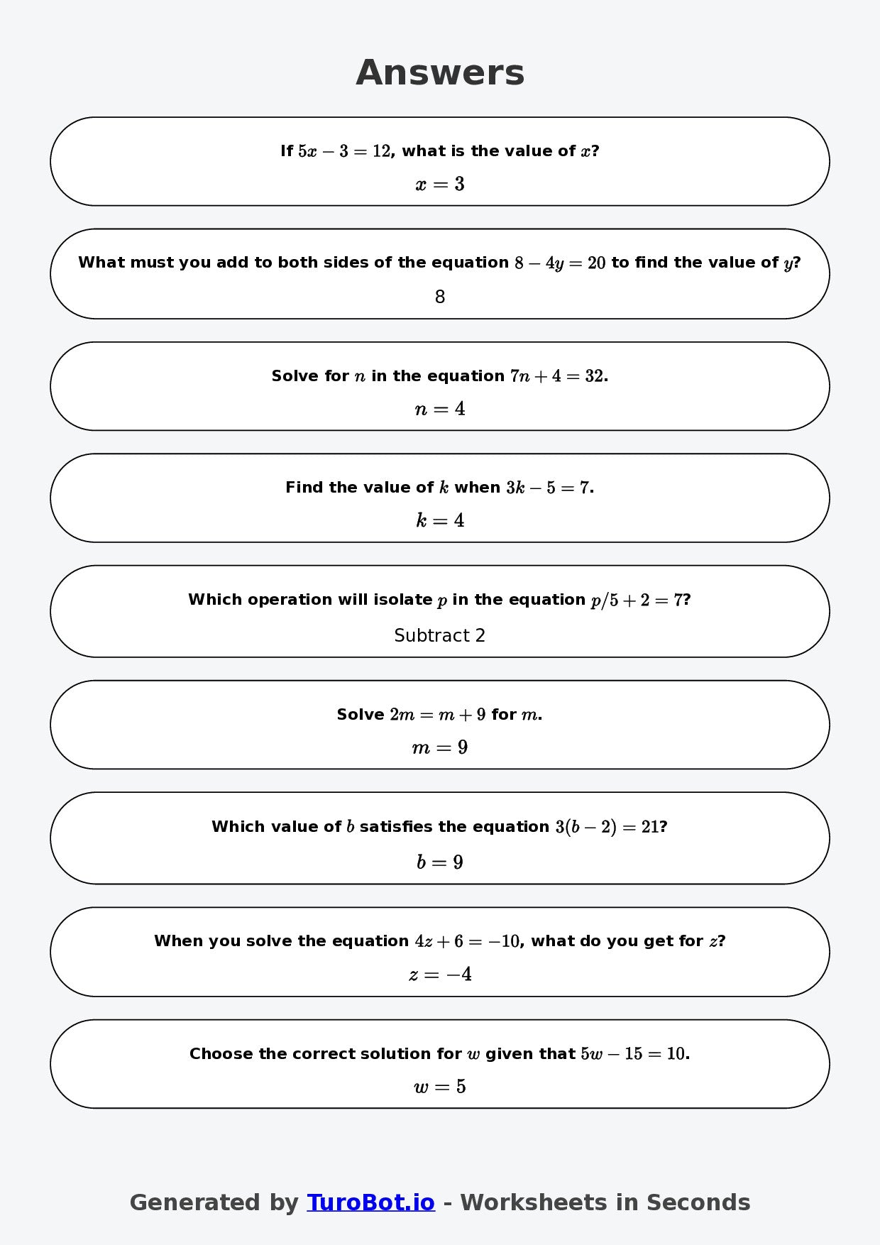 Year 8 Math Worksheet – Two-Step Equations