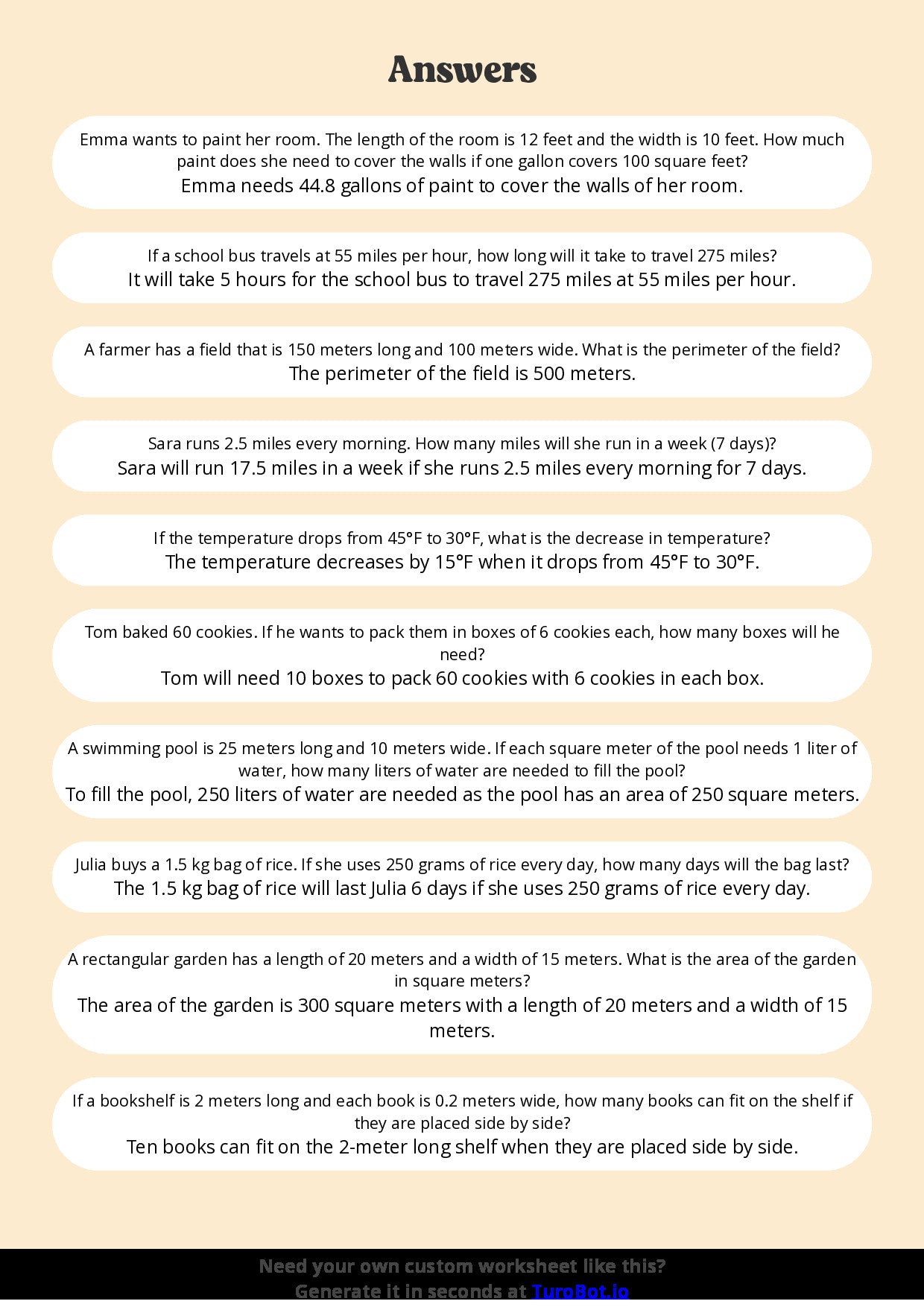 Free Worksheet - Year 6 Math Solving Real-World Measurement Problems Short Answer Response