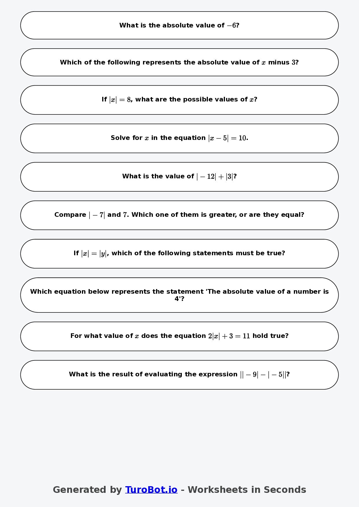 Year 7 Math Worksheet – Absolute Value Basics