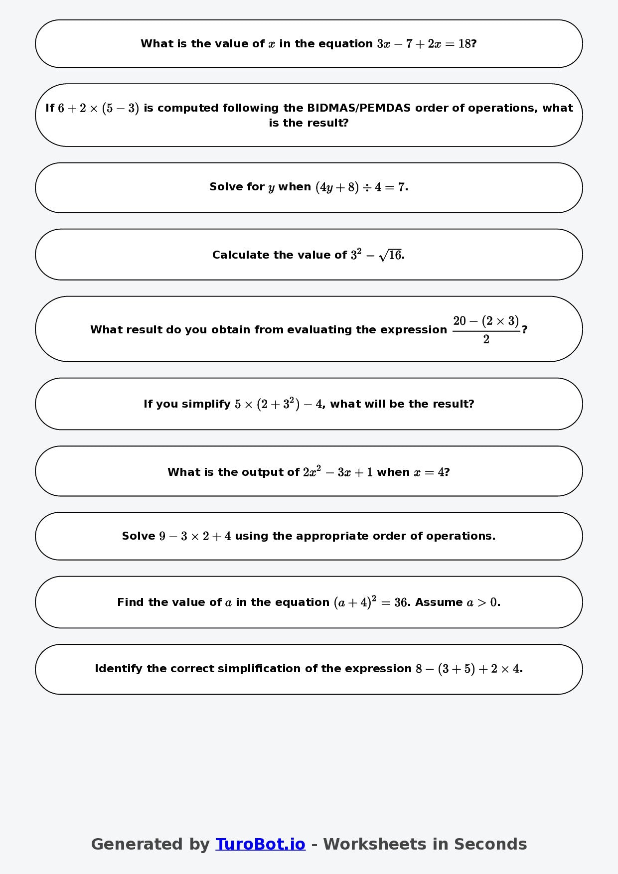 Year 7 Math Worksheet – BIDMAS PEMDAS Basics 2