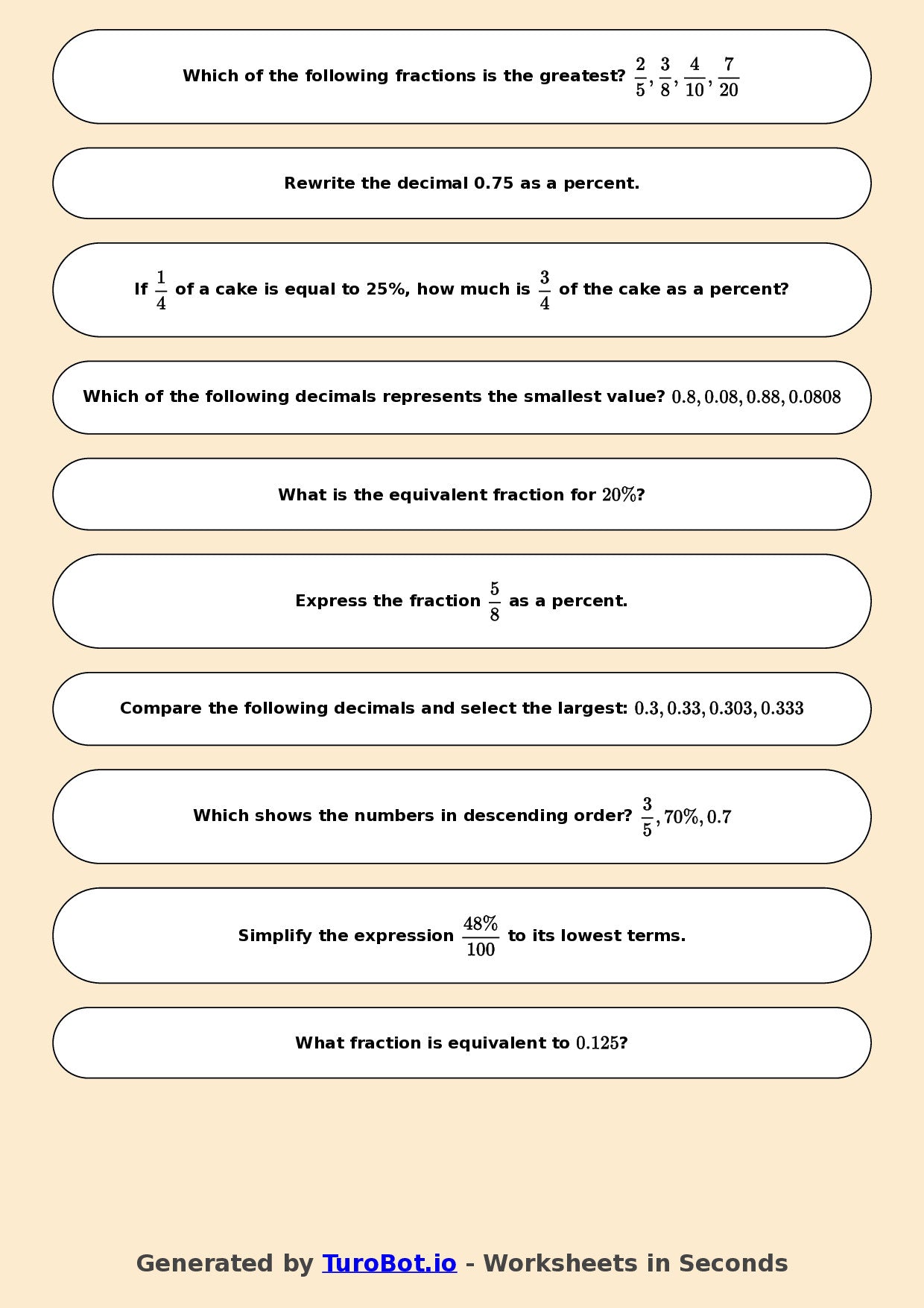 Year 7 Math Worksheet – Compare Fractions, Decimals and Percents 2