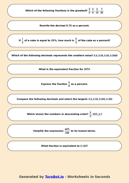Year 7 Math Worksheet – Compare Fractions, Decimals and Percents 2