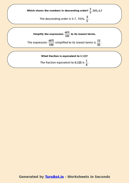Year 7 Math Worksheet – Compare Fractions, Decimals and Percents 2