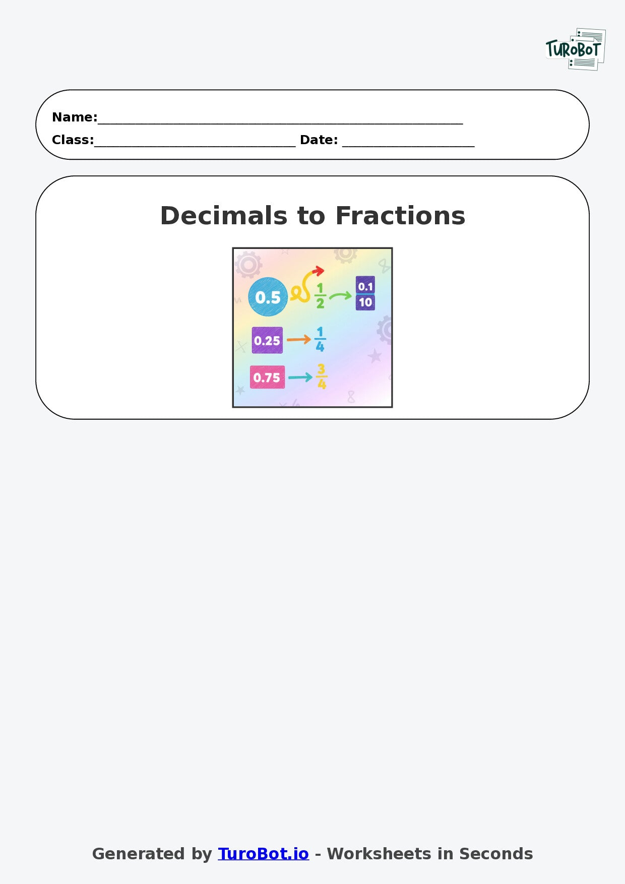 Year 7 Math Worksheet – Decimals to Fractions Basics