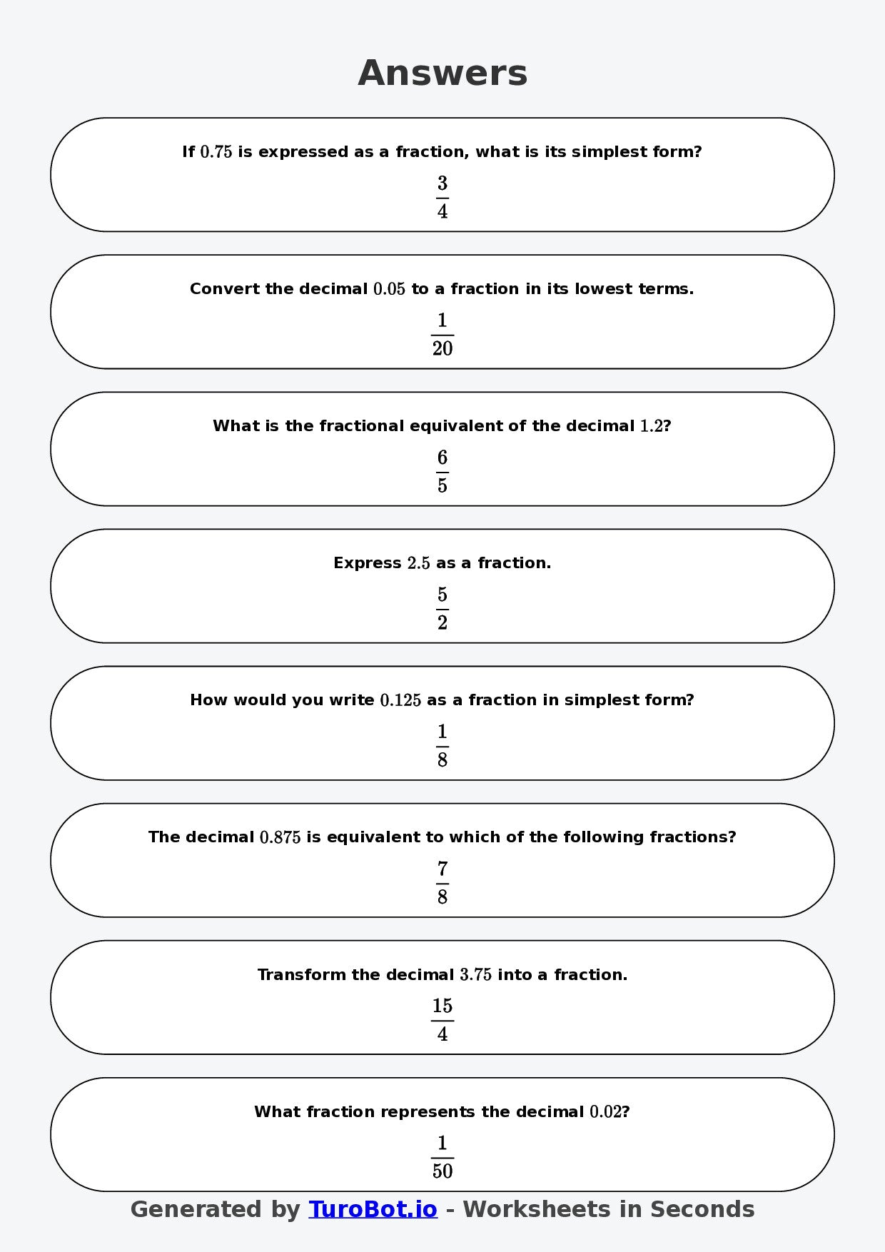 Year 7 Math Worksheet – Decimals to Fractions Basics