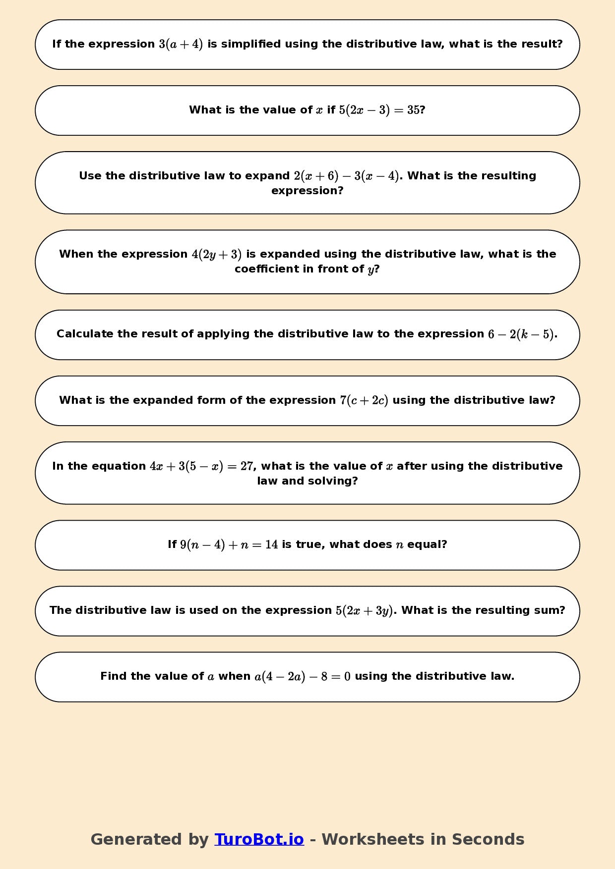 Year 7 Math Worksheet – Distributive Law Basics 2