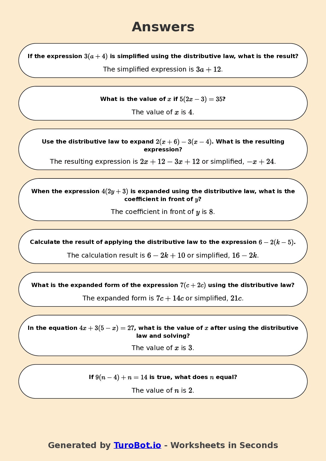 Year 7 Math Worksheet – Distributive Law Basics 2