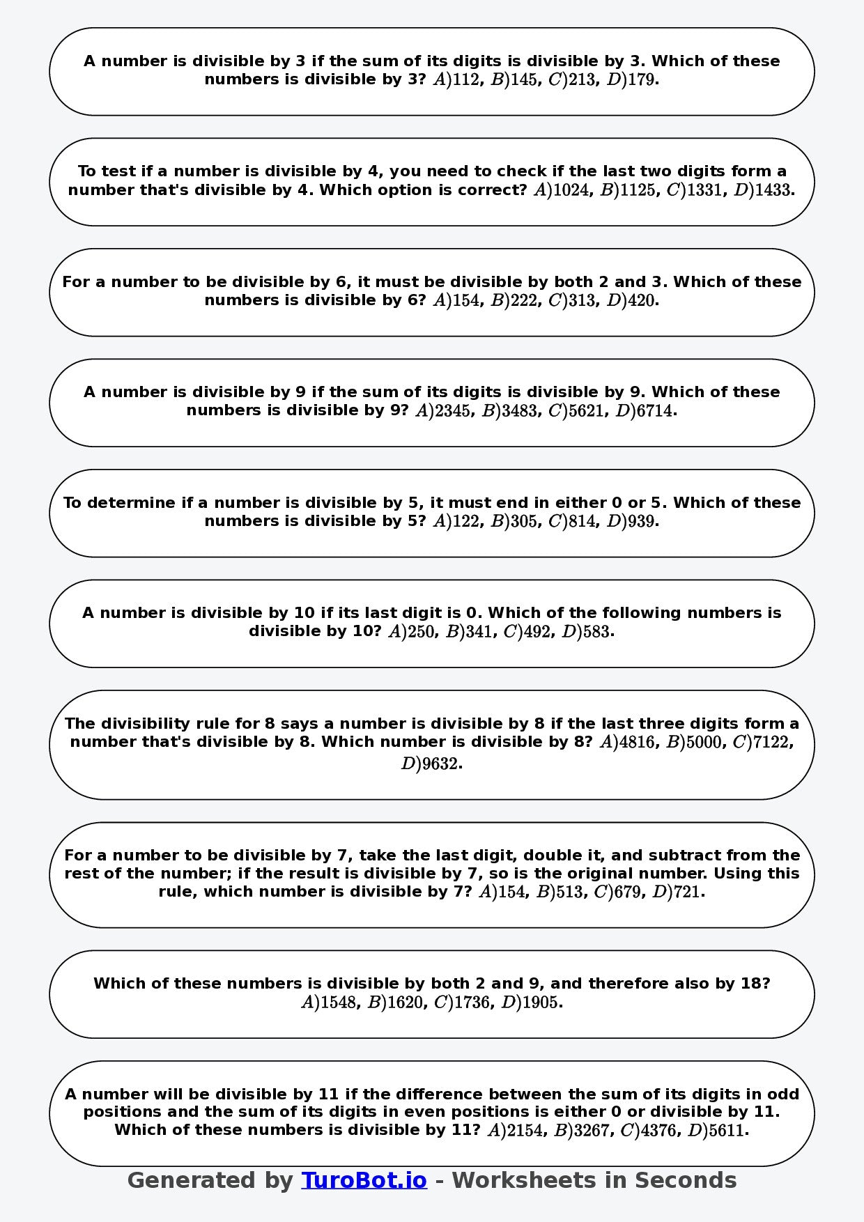 Year 7 Math Worksheet – Divisibility Tests 2