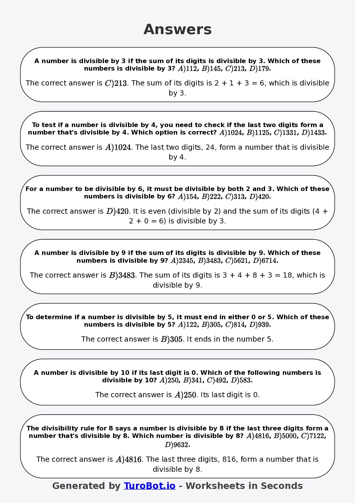 Year 7 Math Worksheet – Divisibility Tests 2