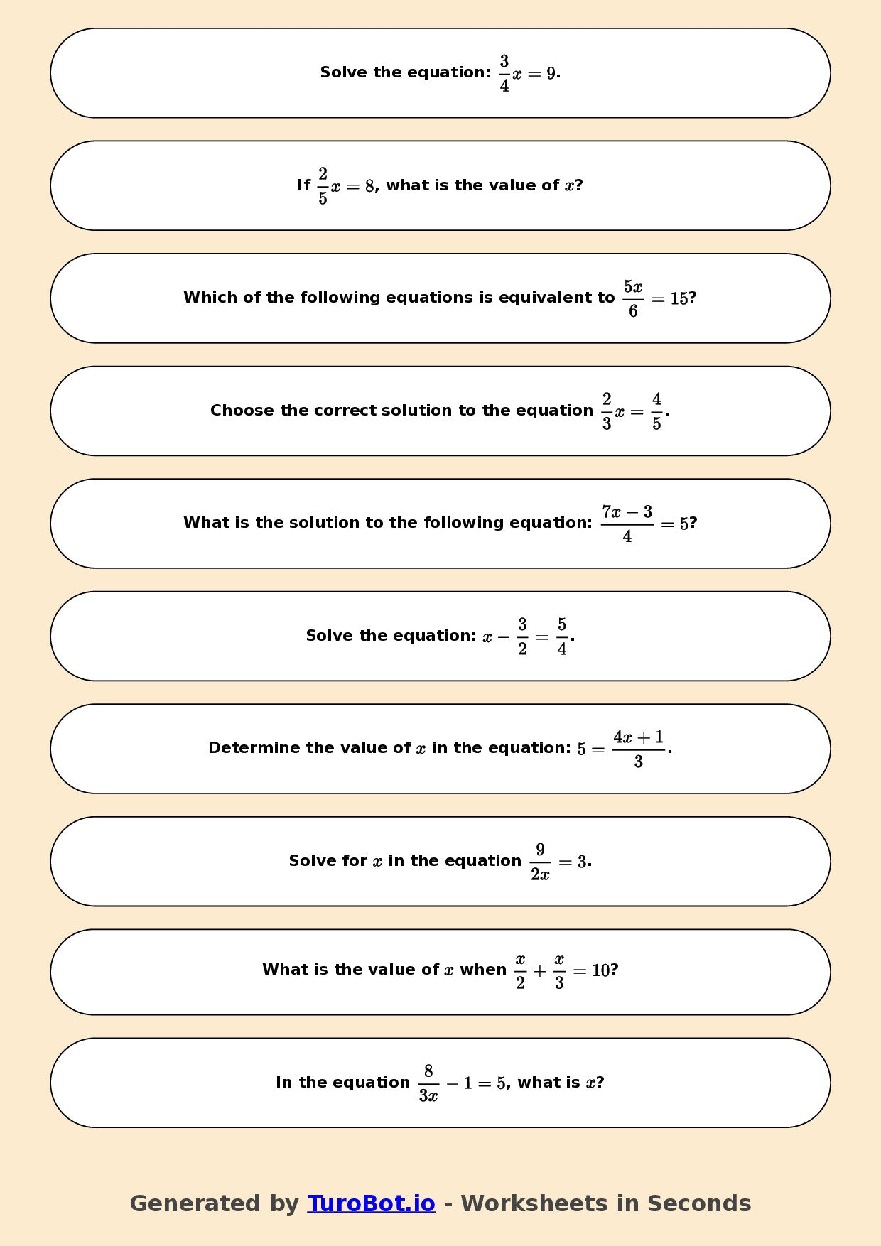 Year 7 Math Worksheet – Equations with Fractions